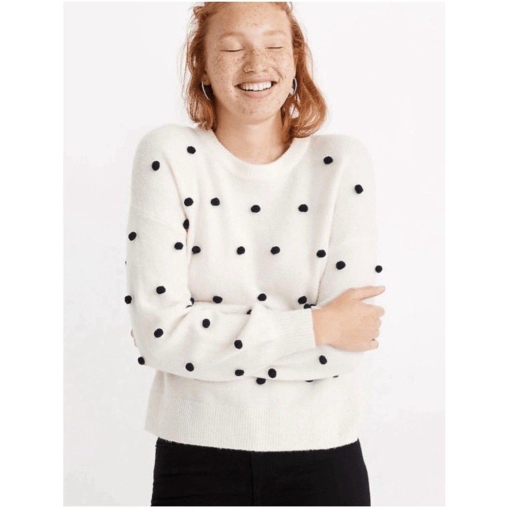 Madewell‎ Dot Sweater Crew Neck XS White Black Polka Dots Merino Wool